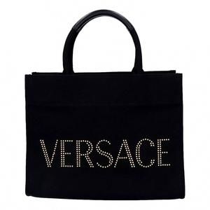 NEW VERSACE women's canvas studded logo mini tote bag in black